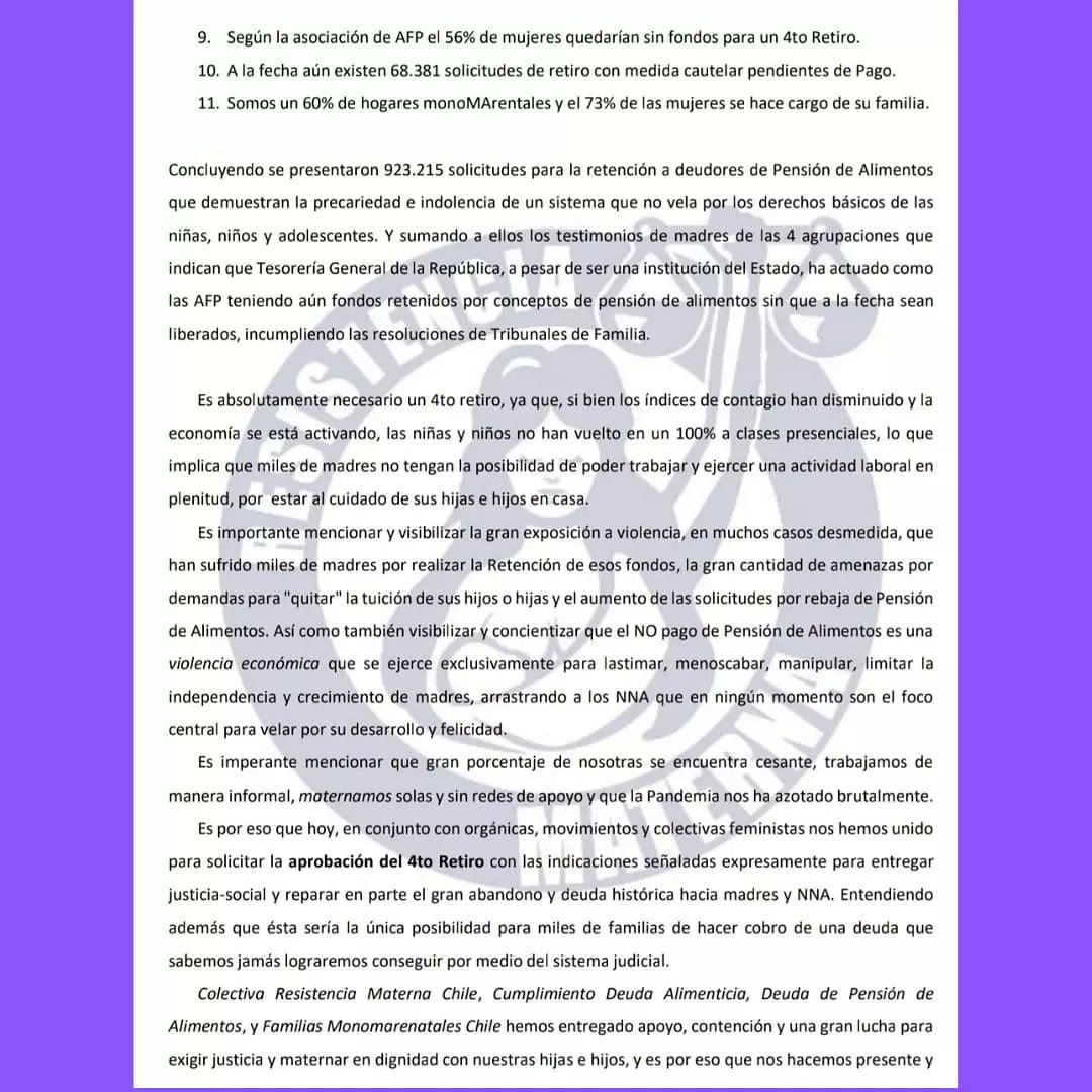 MaternaSantiago's tweet photo. #4RETIROXLOSNNA #4RetiroDeudaAlimentos #4RetiroMaternarEnDignidad Resistencia Materna Chile junto a @DeudaPension @Cumplimientode1 y @FamiliasmmCL hemos presentado una carta el día lunes 4 a Senadoras(es) para solicitar la aprobación del 4to Retiro #todasjuntas por justicia ✊💜 https://t.co/16x6y57net