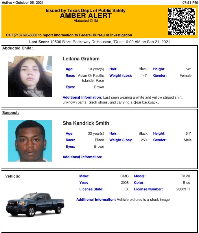 Texas Alerts on Twitter "ACTIVE AMBER ALERT for Leilana Graham from Houston, TX, on 10/05/2021