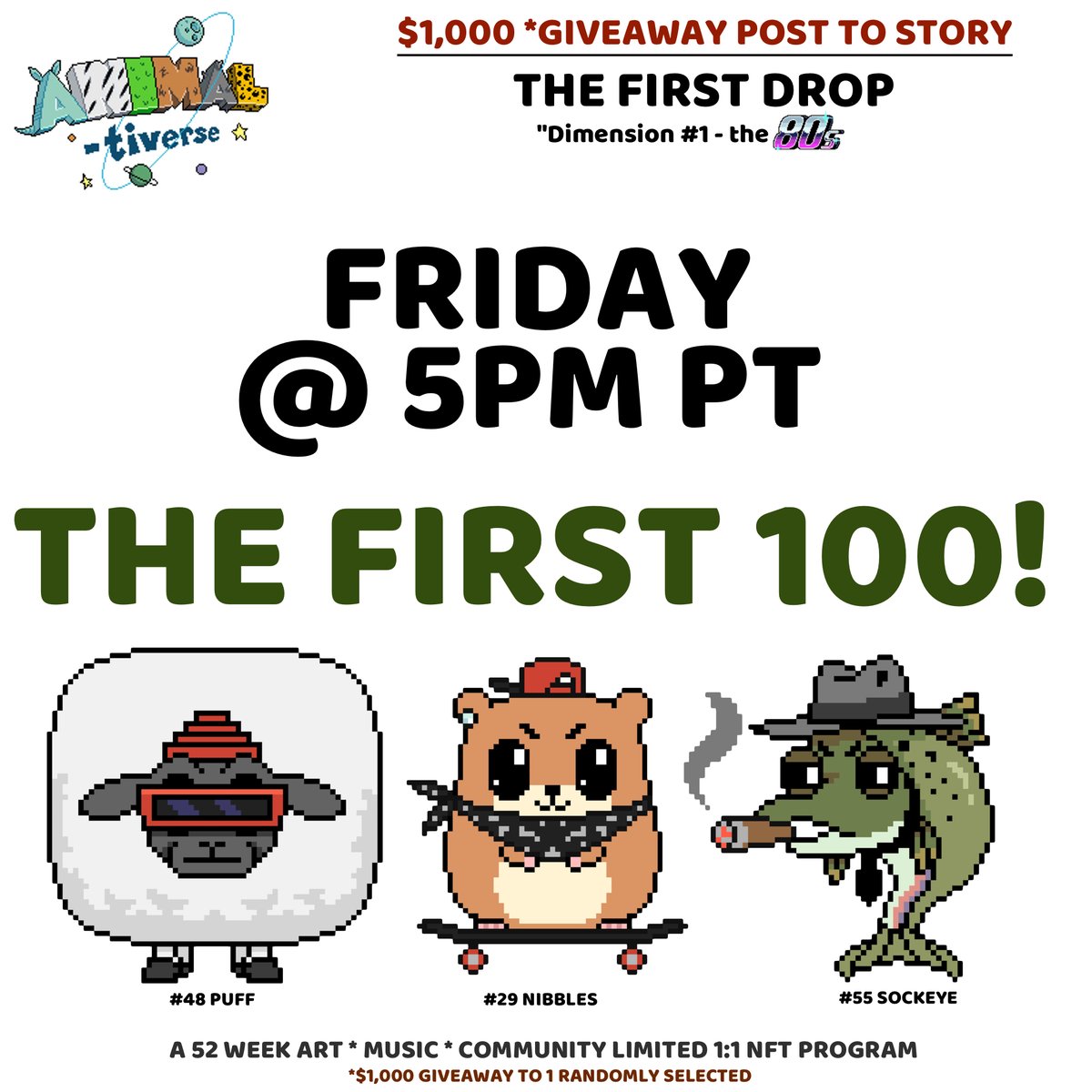 Animaltiverse drops Friday, 10/8 at 5pm PT <a href="/The_HUSL/">TheHUSL</a>!

Music by multiplatinum producer <a href="/ForeignTeck/">Foreign Teck</a>

Story by <a href="/SPIFFTvFilms/">SPIFF TV</a>

100 unique 1:1 NFT’s drop weekly 52 weeks!

$1,000 GIVEAWAY:
- to 1 person who follows <a href="/animaltiverse/">animaltiverse</a> on Instagram + shares this post on their story!