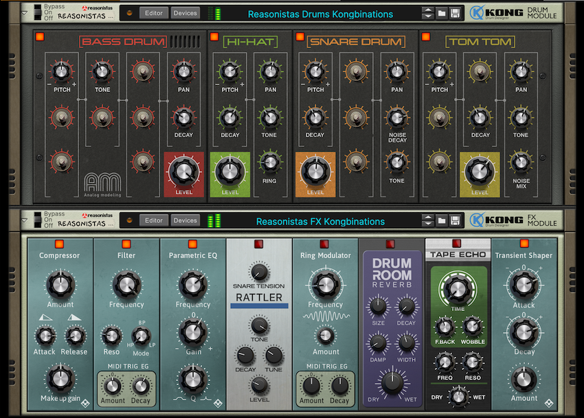 reasonistas's tweet photo. @anosou @deejaysham @jamesepember although not every @reasonstudios Kong Drum Designer knob is mappable to the Combinator (for now), these two "Kongbinators" are still a lot of fun to play. Coming soon. #iUseReason. https://t.co/ATyOmmSITn
