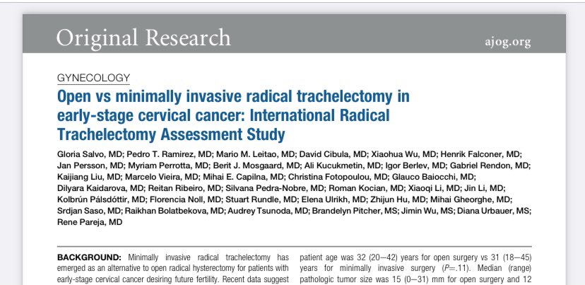 FlorenciaNoll's tweet photo. 🆕#IRTA STUDY 🎉
Open 🆚 #minimallyinvasive radical #trachelectomy
Check the international retrosp study comparing 4.5-year DFS rates in pt w/preop early-stage #cervicalcancer
👇🏻
https://t.co/vdnceWnCAA
Congrats Dr Salvo!👏🏻
@pedroramirezMD @RParejaGineOnco @AJOG_thegray https://t.co/1G5oodGCvu