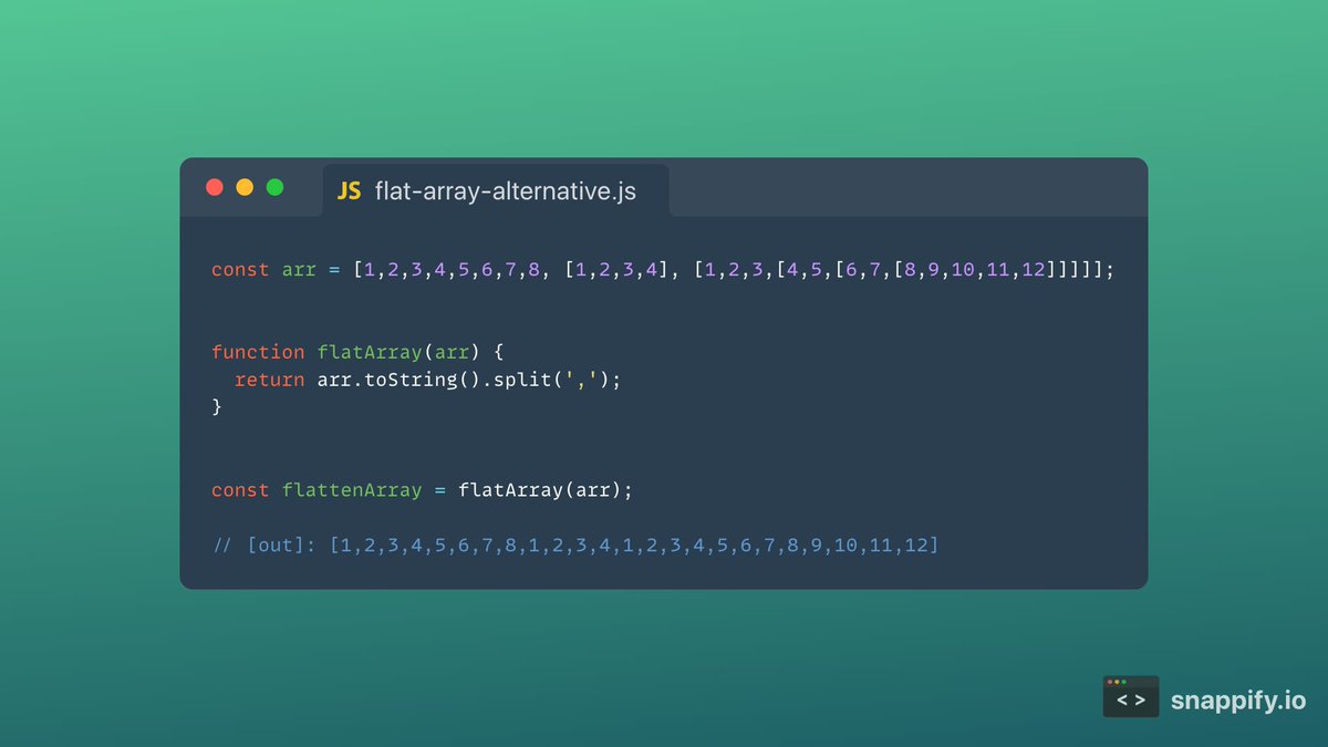 _rodrigomd's tweet photo. Did you know that you can use .toString() to flat a nested array?
It works the same as Array.prototype.flat and it's ~19% faster
#jsTipsByRod #JavaScript https://t.co/tpqzFipUci