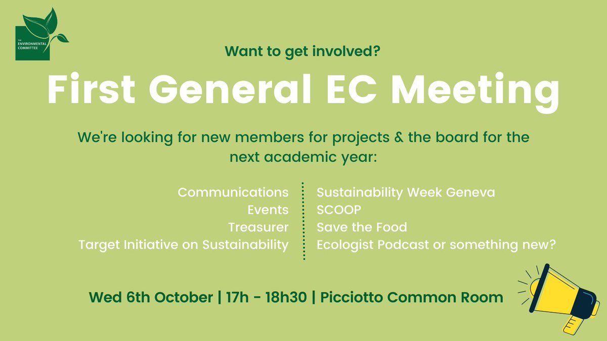 Want to get involved? ➡️ First General Meeting
 
🗓️ Wed 6th Oct
🕔 17h - 18h30 
📍 PCR

We're recruiting! No CVs/interviews, just good vibes, commitment &amp; passion!

If you can't make it, drop us an email (gisa.ec@graduateinstitute.ch) &amp; we'll figure out how to catch up with you!