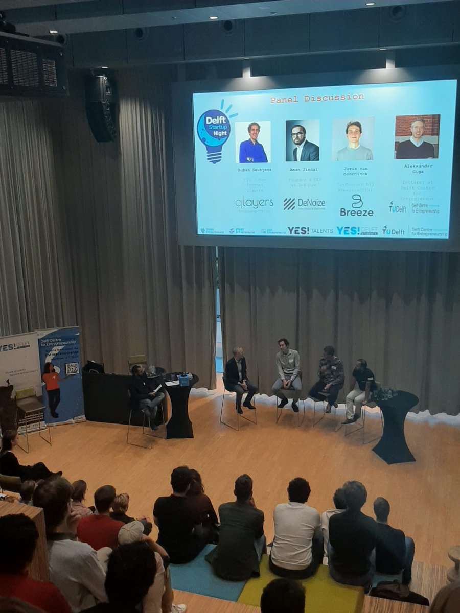 Last night, happily again after more than one and a half year: Delft Startup Night. Immediately sold out and great show thanks to <a href="/QlayersBV/">Qlayers B.V.</a>, Breeze, <a href="/denoize4/">DeNoize</a> and the great audience. We at <a href="/DelftDce/">Delft Centre for Entrepreneurship (DCE)</a> @tudelftTBM <a href="/yesdelftstudent/">YES!Delft Students</a> look forward to the next edition.