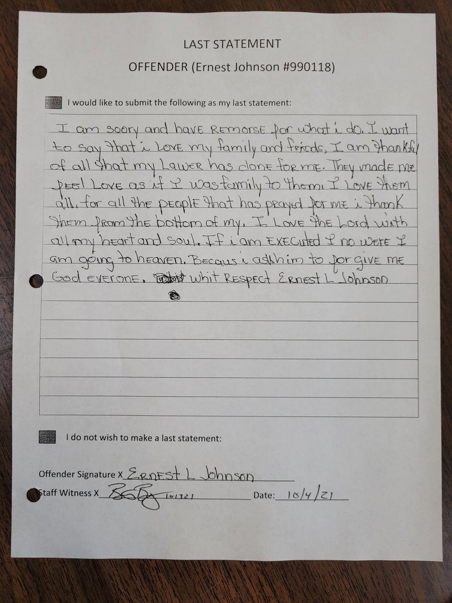JeanneKuang's tweet photo. DOC has made available a last statement from Ernest Johnson, dated yesterday. https://t.co/yQdbMFDUNm