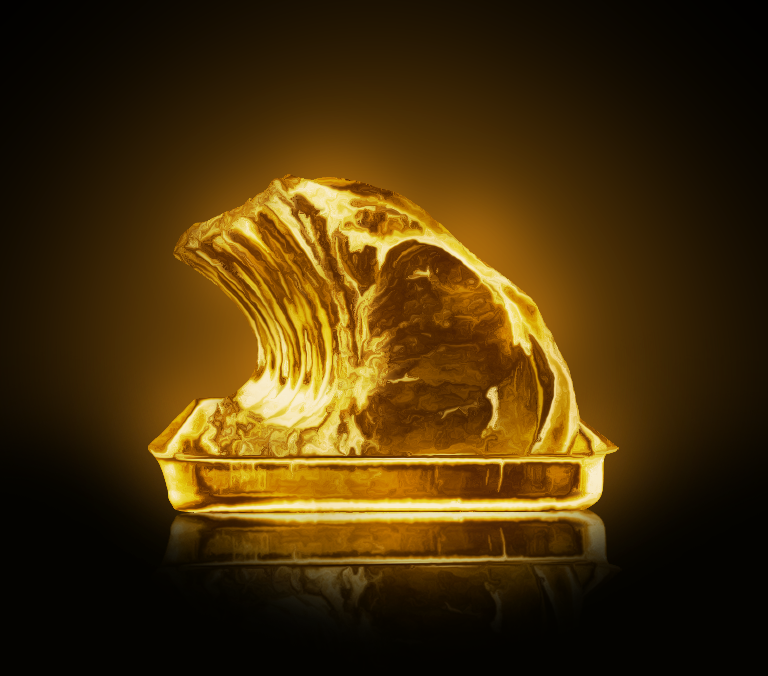 LuxuryMeatNFT's tweet photo. First luxury meat will not be in a gold plate, it is sole gold.

Beware #nftcollectors this piece is tasty as it looks. https://t.co/qtAAmczn6A