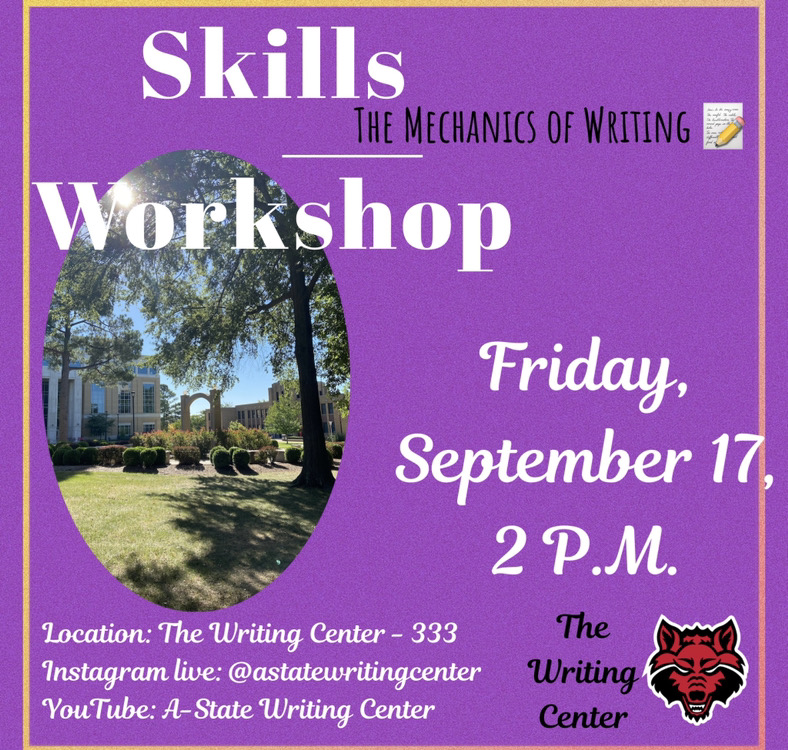Hey everyone! You can watch our first skills workshop on A-State Writing Center YouTube page! Watch our video to get the scoop on the mechanics of writing!