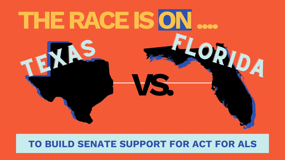 iamalsorg's tweet image. 🔊 CALLING ALL TEXANS AND FLORIDIANS!! Are you in? 

The race is ON to see which state can build the most Senate support for critical ACT for ALS legislation! Click here to do your part and put your state in the lead! bit.ly/3uDtF69

#TakeAction #ACTforALS #IAMALS