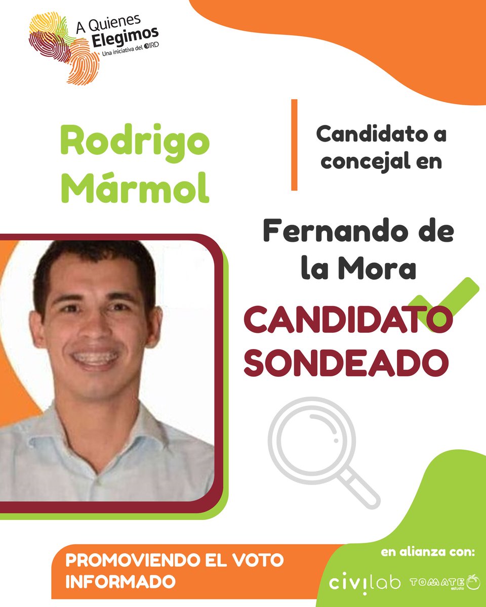 @CIRDCapacita <a href="/civilabsocial/">Civilab</a> #VotAQEinformado #EleccionesMunicipales2021 

Candidato Sondeado ✅

🙋‍♂️ <a href="/MarmolZayas/">Rodrigo Mármol Zayas</a>, tiene 28 años, es Auxiliar Contable y se candidata a Concejal en Fernando de la Mora

📌 Sondeo: bit.ly/3FiU0ex