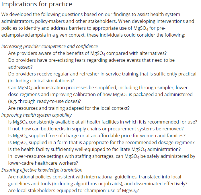 We used our QES findings to develop a series of questions to assist health systems administrators, policy-makers &amp; other stakeholders to identify &amp; address barriers to approporaite use of MgSO4:

⬇️