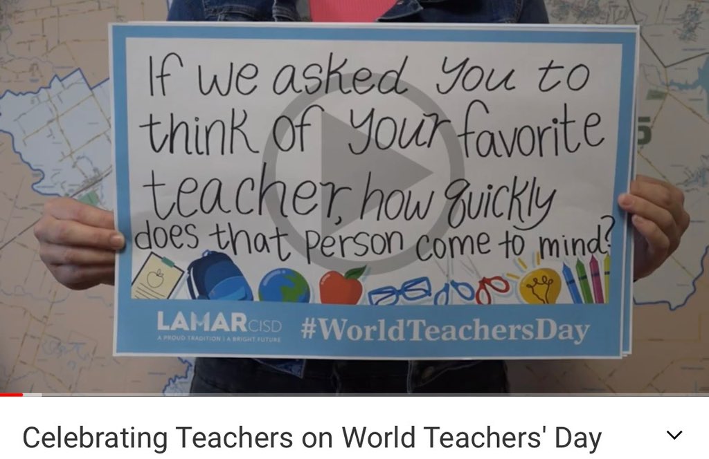 Today, and everyday, our Lamar CISD educators celebrate the very teachers that shaped them into the educators they are today. Happy #WorldTeacherDay! 🍎

To view “Celebrating Teachers on World Teachers' Day,” click here: youtu.be/Daq97Y1aPw0