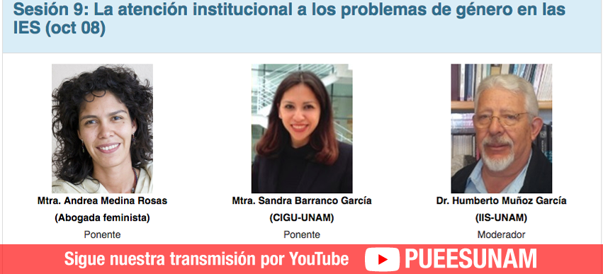 PUEESUNAM's tweet photo. #XVcursoPUEES #GéneroyEducaciónSuperior 
Sesión 9 Viernes 8oct2021 17h
#EnVivo #YouTube 
https://t.co/ibI2rPx1P9
La atención institucional a los problemas de género en las IES
Mtra. Andrea Medina  
Mtra. Sandra Barranco @IgualdadUnam 
Dr. Humberto Muñoz @IISUNAM https://t.co/IfW2y5uaJa