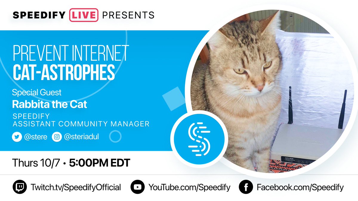 speedify's tweet image. We are going live Thursday 5 PM EST with Rabbita the #cat😼along with 8 other #feline pals of our very own @stere 
Is it going to turn into a CATastrophy? 😹
Come and find out!

@Twitch: twitch.tv/speedifyoffici…
@YouTube: youtube.com/c/Speedify
@Facebook: facebook.com/speedify/