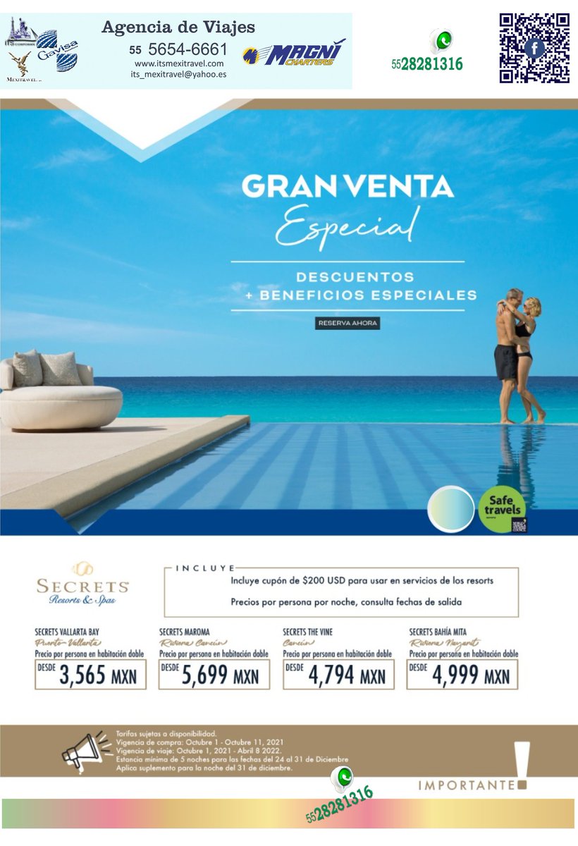 ✨GRAN VENTA ESPECIAL✨  
SECRETS y DREAMS Resorts & Spas 😍
Vigencia de compra al 11 de octubre 2021
Vigencia del viaje del 01 de octubre al 22 de abril 2022
#GavisaVacations #MagnichartersMexitravel #ManichartersIztacalco #ItsMexitravel