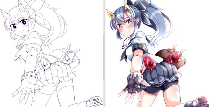 線画と着色並べてみた。やっぱ色の力はつよい 