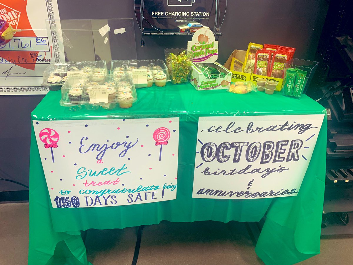 sabrinaseidel22's tweet photo. Celebrating our October birthdays and anniversaries AND our store hit 150 days safe! So Carmel apple sweets to celebrate! #howardlane #6553 #dayssafe #bouncingoffthewalls https://t.co/bidQkZmc6X