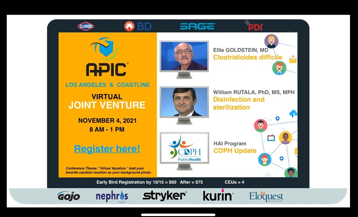 APICGLAC's tweet photo. On Nov 4, come learn from Dr. Ellie Goldstein @ejcgmd &amp; #WilliamRutalaPhD at the first annual Joint Venture between the Greater LA and Coastline @APIC chapters! 

Early bird rates ($60) available thru 10/14!

1/3 https://t.co/FxDAoCEyaq