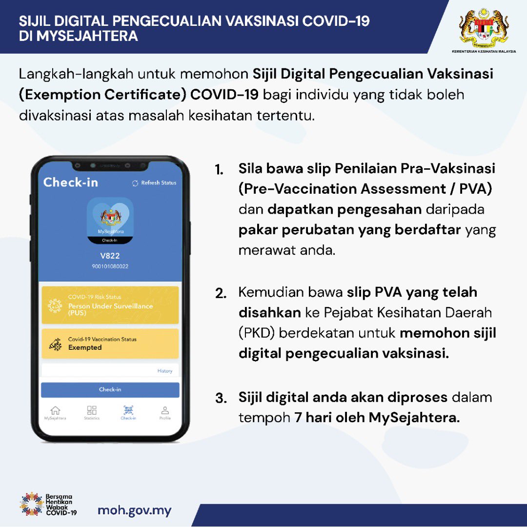JaPenWPKL's tweet photo. Cara-cara memohon Sijil Digital Pengecualian Vaksinasi COVID-19 bagi individu yang tidak boleh divaksinasi atas masalah kesihatan tertentu. 

#vaksinasi 
#ReopeningSafely 
#LindungDiriLindungSemua
#KitaJagaKita
#KitaMestiMenang
#MenangBersama
#COVID19
#coronavirus
#KLCeria https://t.co/kPGgj3Ariw