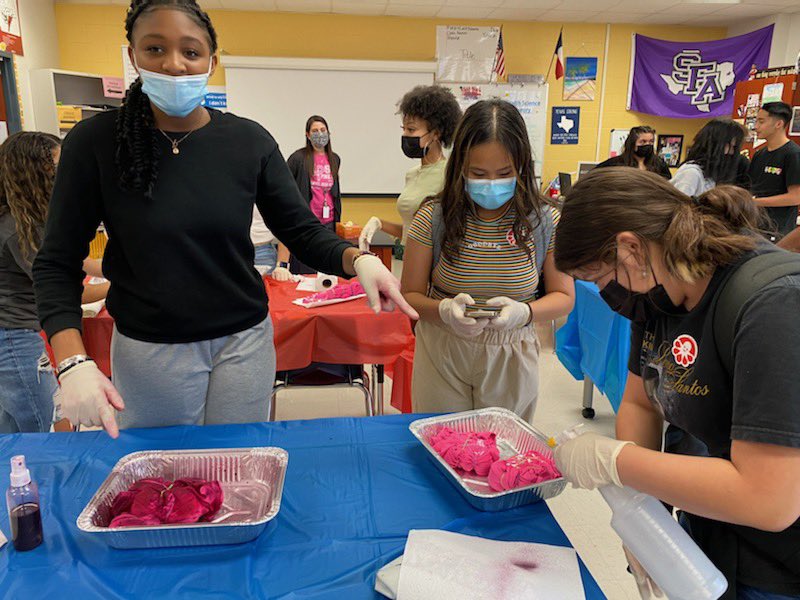 Manvel HOSA students spend the afternoon tie dying Pink Out Shirts for their upcoming spirit days. Stay tuned for the final product! <a href="/ManvelHS/">Manvel High School</a> <a href="/AISDCTE/">Alvin ISD CTE Department</a> #hokahey