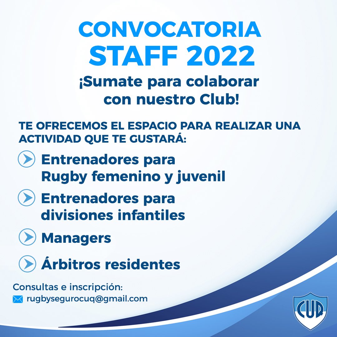 CONVOCATORIA STAFF 2022
⁣⁣⁣⁣
Tiempo límite de inscripción 31/10/2021
Consultas e inscripción:⁣⁣⁣⁣
✉ rugbysegurocuq@gmail.com⁣⁣⁣⁣
⁣⁣⁣⁣
Esperamos contar con tu colaboración😊

#cuqoficial #convocatoria #staff2022 #clubderugby #rugbyclub #quilmes #entrenadores