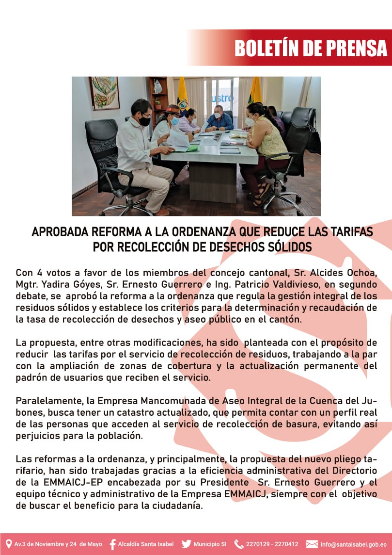 Alcaldia_SI's tweet photo. En segundo debate con 4 votos a favor se aprueba ordenanza, que entre otras modificaciones, busca reducir la tarifa por la recolección de basura en #SantaIsabel @elmercurioec @atenasfm @Ernesto87351644 @EmmaicjE @tomebamba @visionalsur https://t.co/L5nh4tAMpN