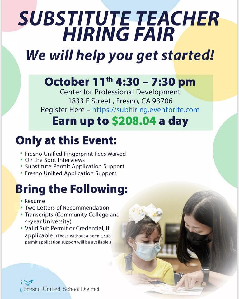 Interested in being or becoming a Substitute Teacher? Fresno Unified is having a Substitute Teacher Hiring Fair! Please see details in the post. Don’t forget to register at buff.ly/2YkPXhr