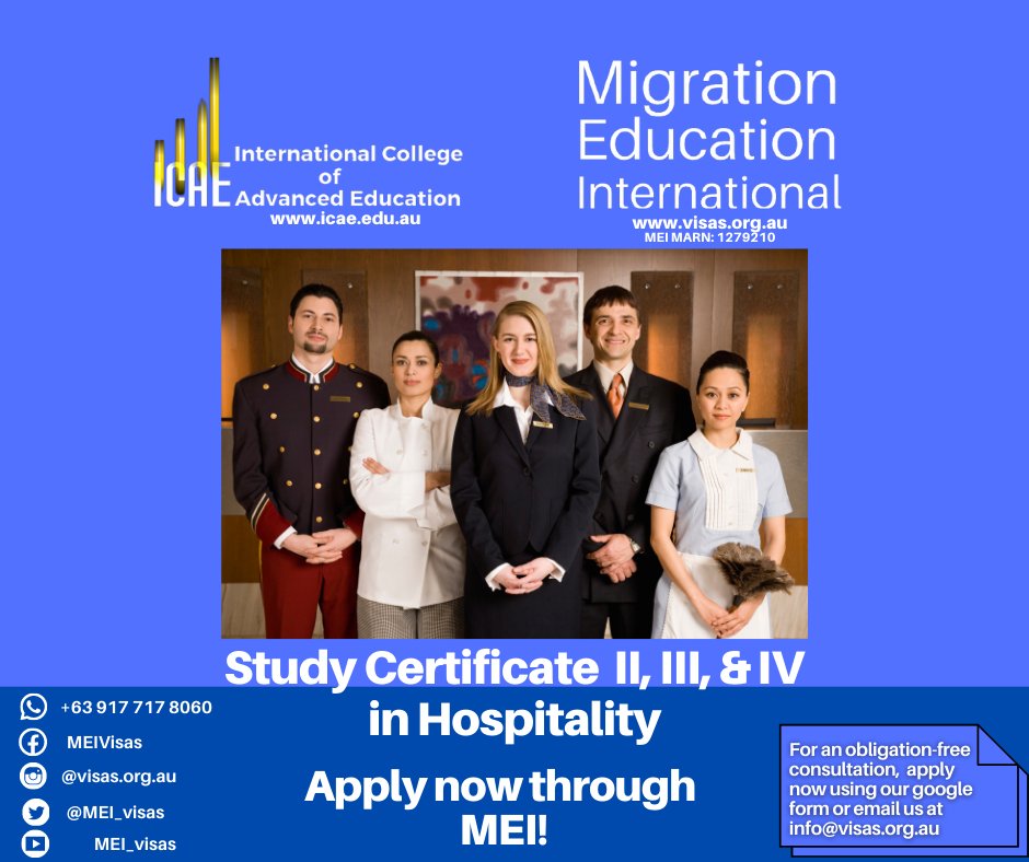 MEI_visas's tweet photo. Study Certificate II, III, &amp; IV in Hospitality now! Apply to one of our trusted partner schools in Australia, New Zealand, and Canada. 
Apply for a student visa using our google form link below. No resumes needed! https://t.co/osnJrDEGPw https://t.co/GZRw56hzwe