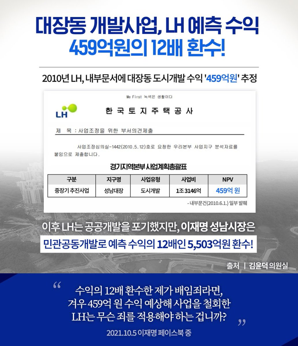 <김윤덕 의원님이 공개한 자료에 따르면 2010년 LH가 예측한 대장동 사업의 수익은 459억 원입니다. LH가 예측한 수익의 12배를 환수한 제가 배임죄라면, 겨우 459억 원 수익을 예상해 사업을 철회하여 회사에 막대한 손해를 끼친 LH 관계자들에게는 무슨 죄를 적용해야 하는 겁니까?>