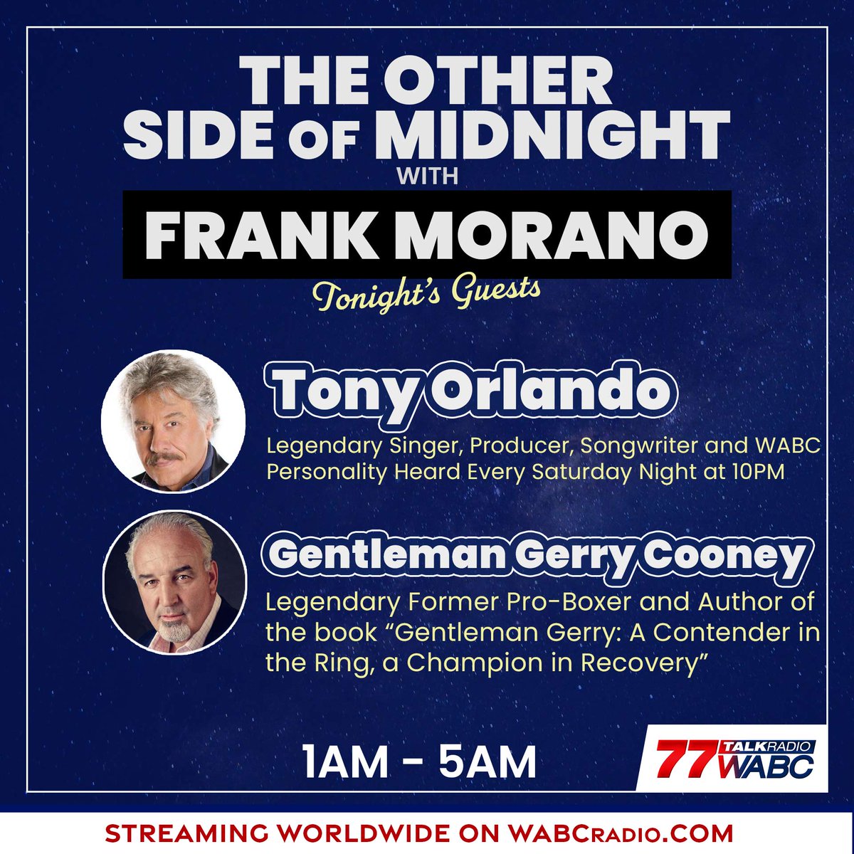 I can't wait until tonight's show. Tune in from 1am - 5am ET. Guests include @TonyOrlando & @gerrycooney! Listen on @77WABCradio. Tune in by going to wabcradio.com