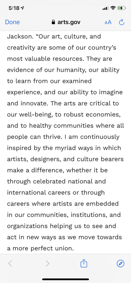 devonvsmith's tweet photo. Some really promising statements from newly nominated @NEAarts chair. We’re likely to be hearing a lot more about how arts/artists contribute to individual well-being, economic impact, and healthy communities. https://t.co/tszQavHTb6