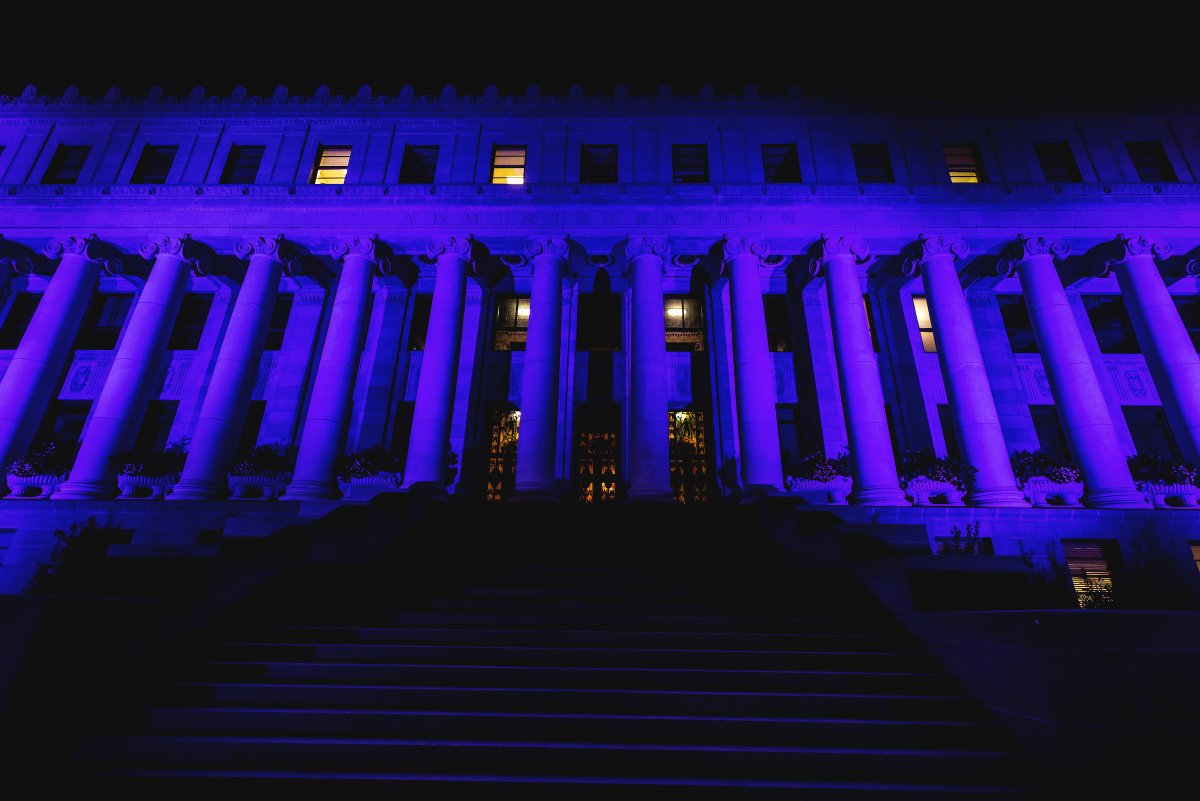 TAMU's tweet photo. Buildings around campus are lit up blue tonight in recognition of #WorldTeachersDay! Thank you, teachers! 👍 https://t.co/SjfGuBym3w https://t.co/kvwTRWF2Ns