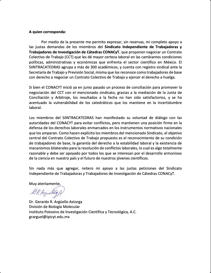 Los resultados del proceso para negociar un Contrato Colectivo de Trabajo con <a href="/Conacyt_MX/">Conahcyt Consejo</a> no han sido favorables y se ha acentuado la vulnerabilidad de lxs catedráticxs que los mantiene en incertidumbre laboral: Dr. Gerardo Argüello en apoyo a nuestra lucha.

#CienciaBajoProtesta