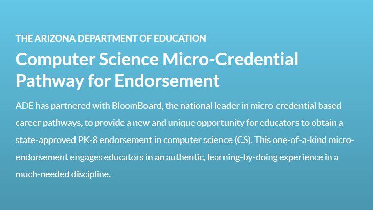 michelle_coots's tweet photo. Our first cohort of @DVUSD teachers is starting the path toward earning ADE's #CS Computer Science K8 endorsement through a micro-credential program partnership with the ADE @azedschools and @BloomBoard. #CSforAZ  #CSforAll #DVUSDTech https://t.co/1vg2KaMqVy