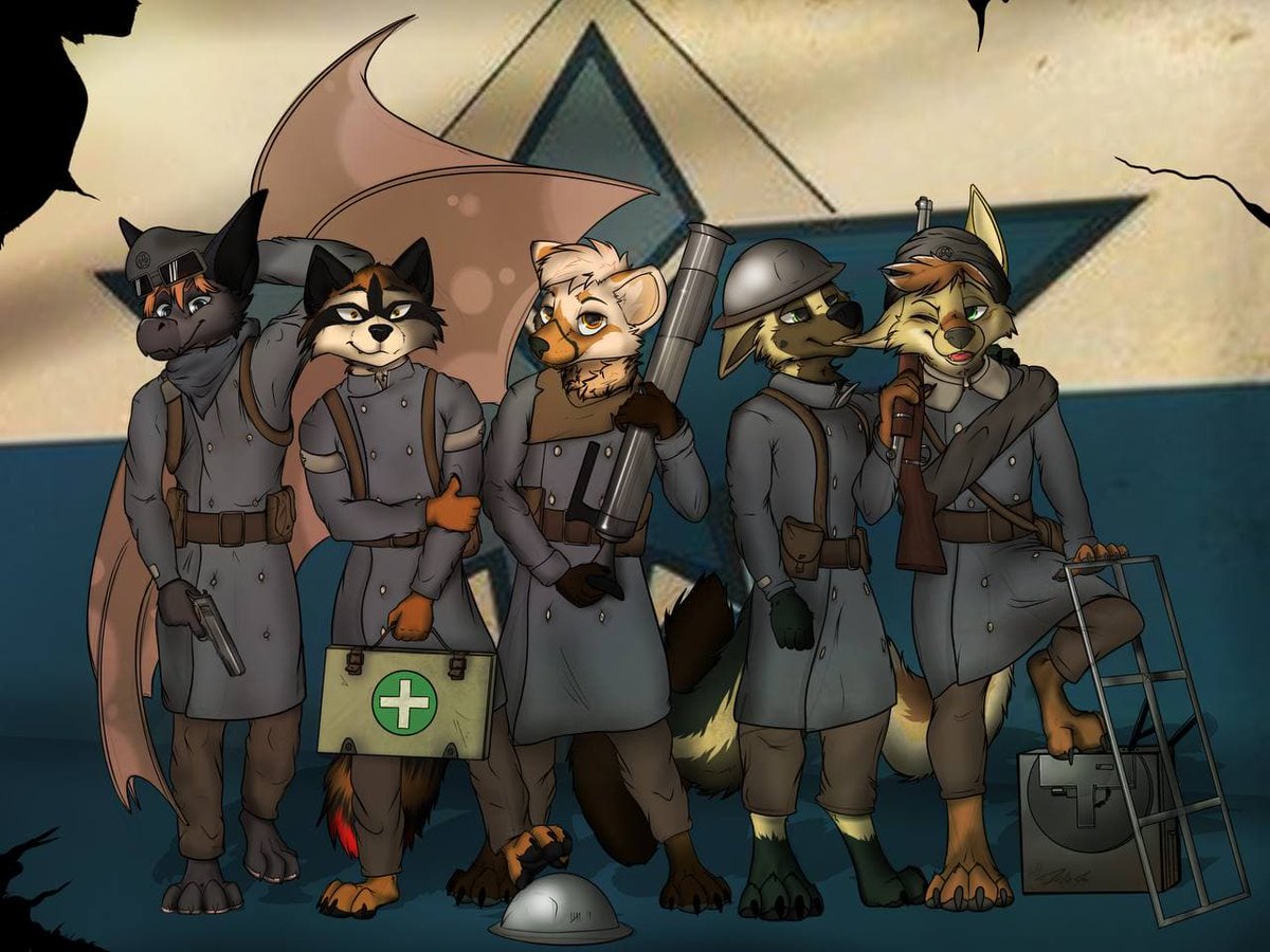 BatKlay's tweet photo. Just got an absolutely awesome group art piece by @FlickF0X ! The piece is themed after the MMO war game Foxhole. Featuring (Left to Right): myself, @DrRaccoon , @MasoeMarten , @morokai , and @ParfaitToothCat https://t.co/XT1meKcb60
