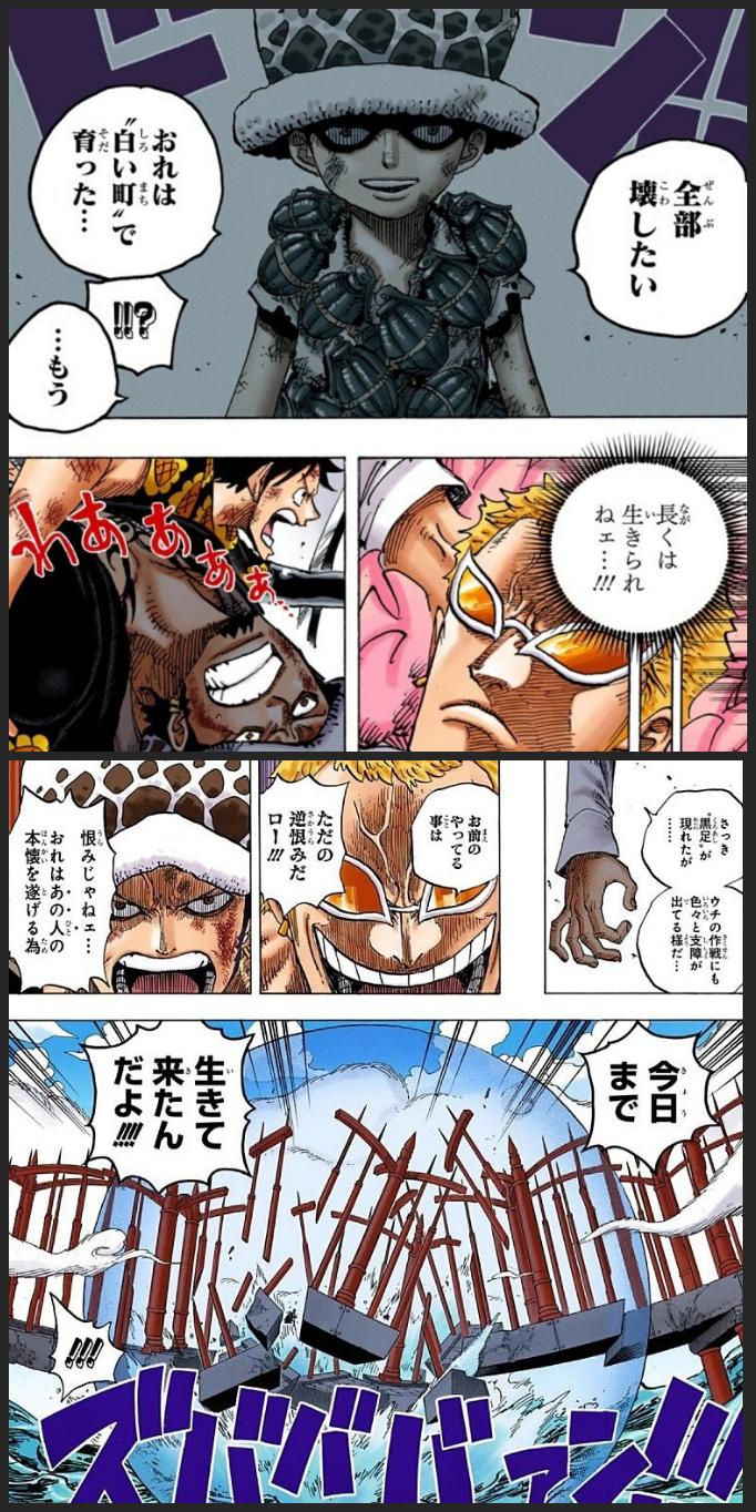 まな 家族や恩人との別れ 己の病気など 幼少から常に 死 と隣合わせだったロー 本懐を遂げる為なら死も厭わない彼が 麦わらの一味と関わる事で 奇跡 という希望を見い出し新たな目標を抱くようになった 一味との出会いを通して 死 から 生 へ