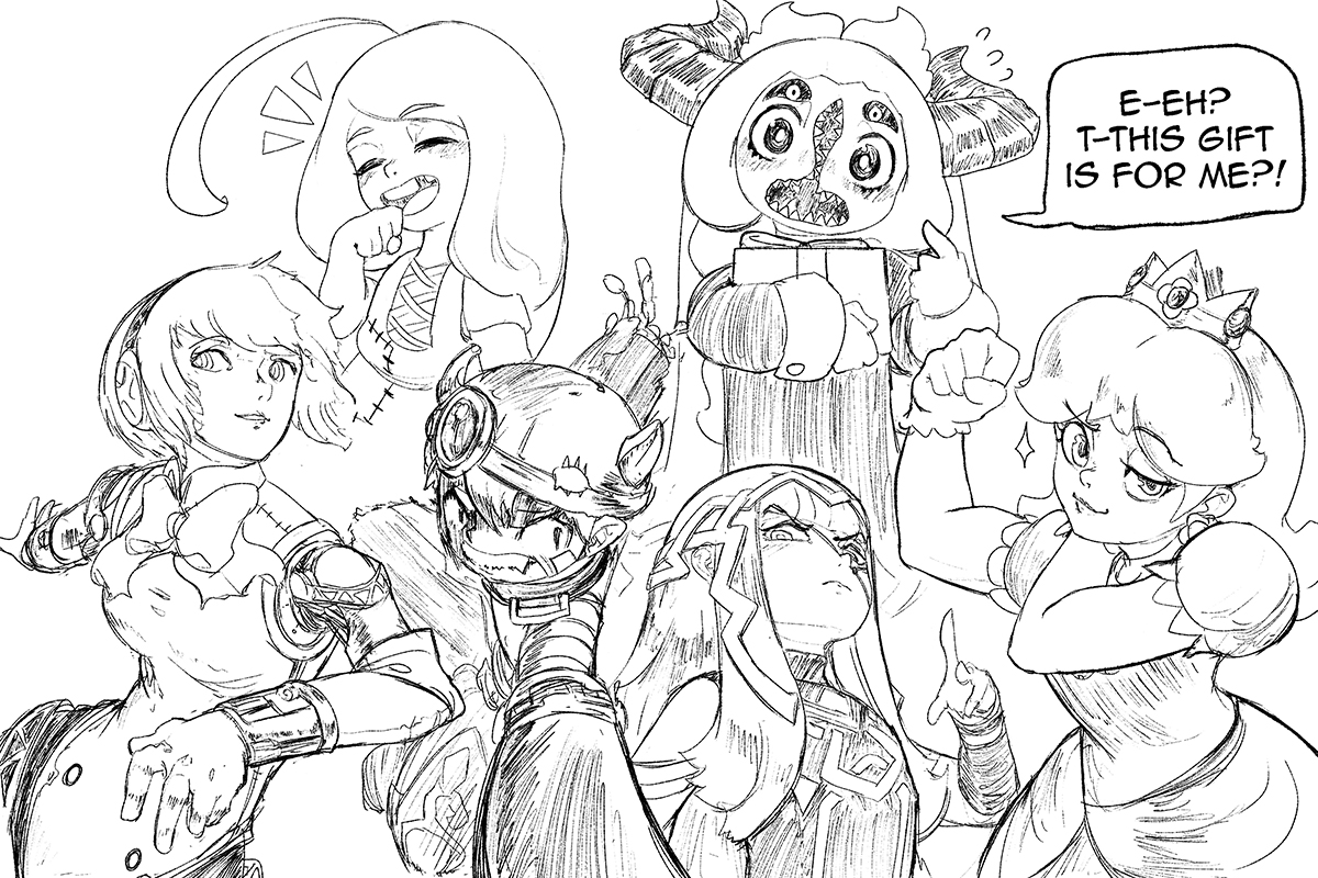 I asked my Pаtreоn members for suggestions on who to draw. They suggested Faure (happy), Mist (receiving a gift), Aigis, Reg, Veronica, and Daisy. 