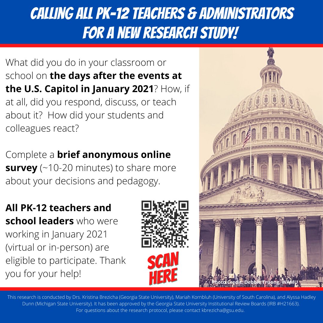 kbrezicha's tweet photo. CALLING ALL TEACHERS &amp; SCHOOL LEADERS
We are still looking for your help w/ a research project re if &amp; how you discussed the events at the U.S. Capitol on January 6th in your school/classroom. 
Survey: https://t.co/wtd7Rj6sYb 
#edleaders #teachertwitter #k12 #Teachers #education https://t.co/kYkYwiXIvo