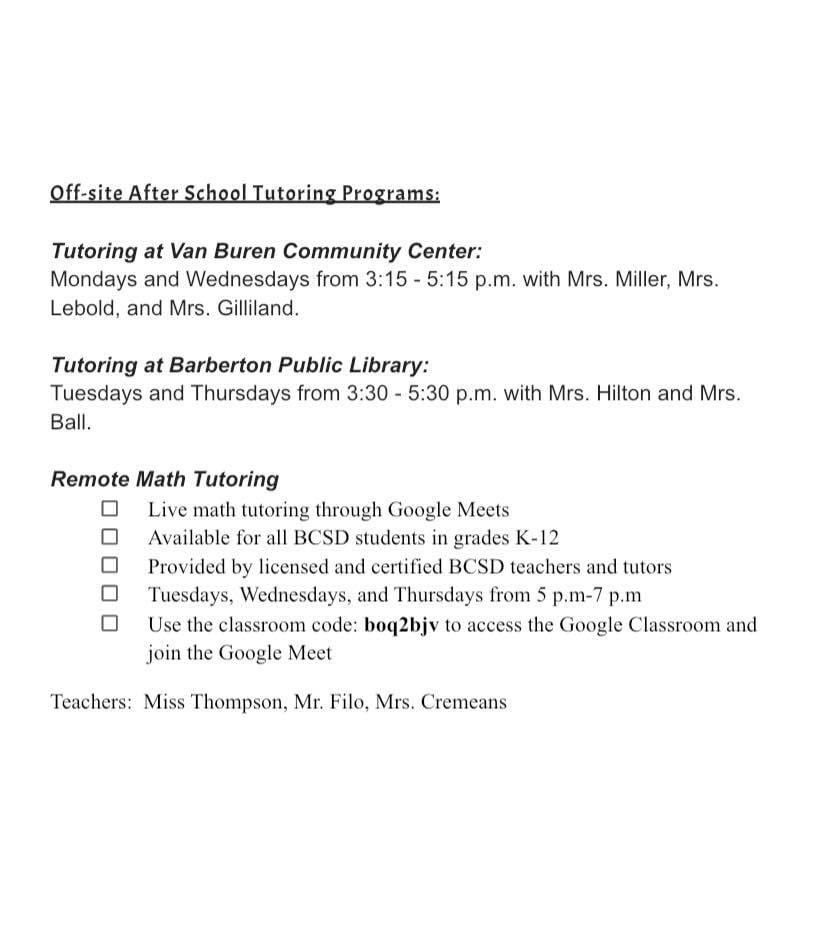 Tutoring available for all BMS students!
