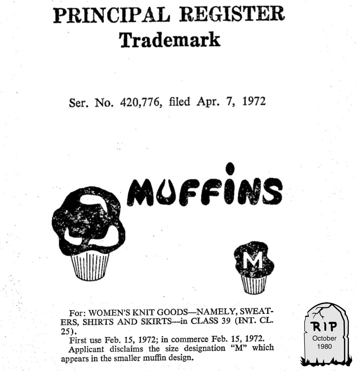 Dead_TMs's tweet photo. The trademark was originally registered for use with "Women's knit goods-namely, sweaters, shirts and skirts."  

#nft #nftcollector #nftcommunity #nftcollectibles   #opensea  #NFTs #NFTdrop  #trademarks https://t.co/3DjdZcDOuT