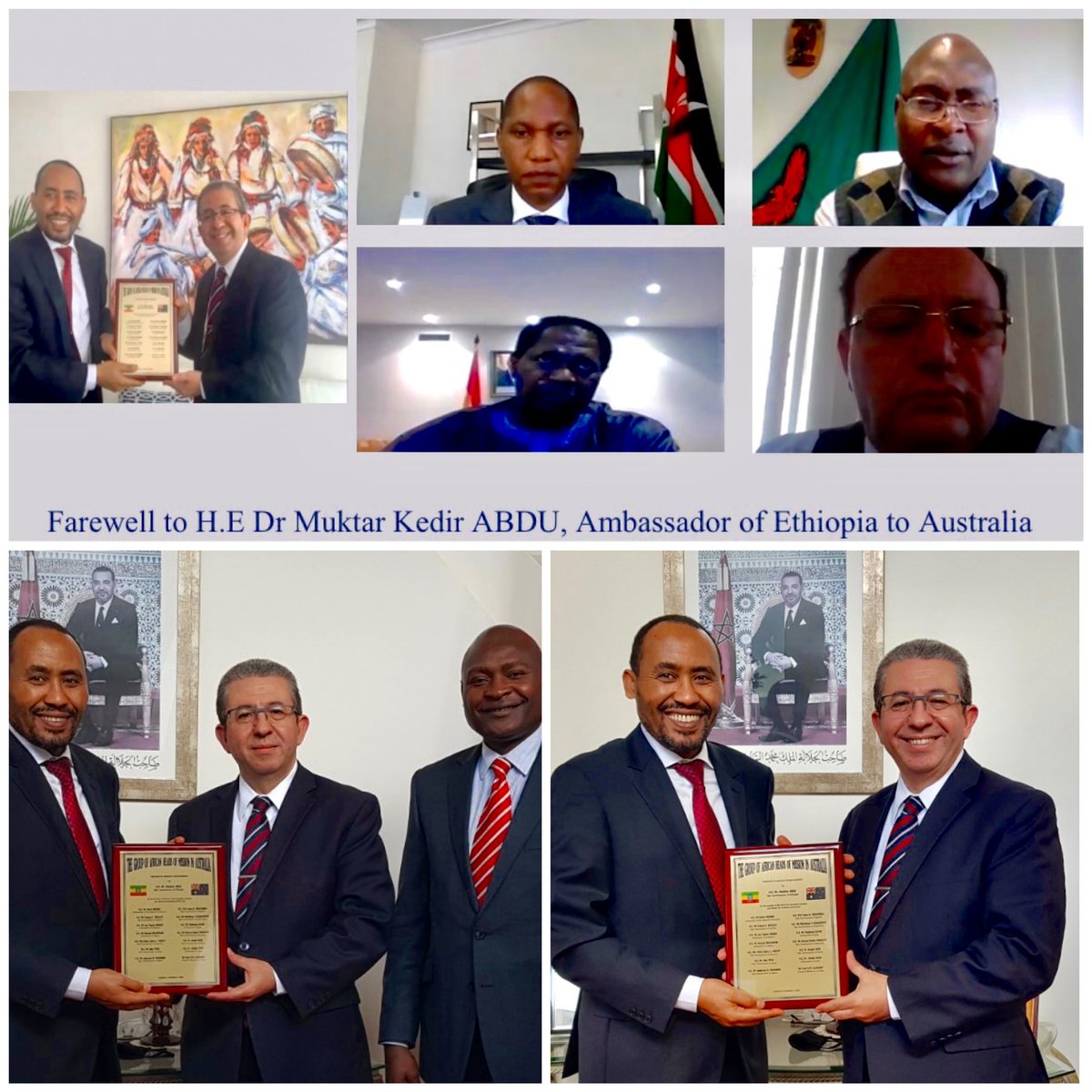 moroccoinaussie's tweet photo. Ambassador #Karim_Medrek, #Dean of the #African_Group of Heads of Missions in #Canberra offered a small reception to bid farewell to the outgoing Ambassador of #Ethiopia to #Australia, His Excellency Dr #Muktar_Kedir_ABDU, who is returning home at the end of his tour of duty. https://t.co/LeR3XtqkKh