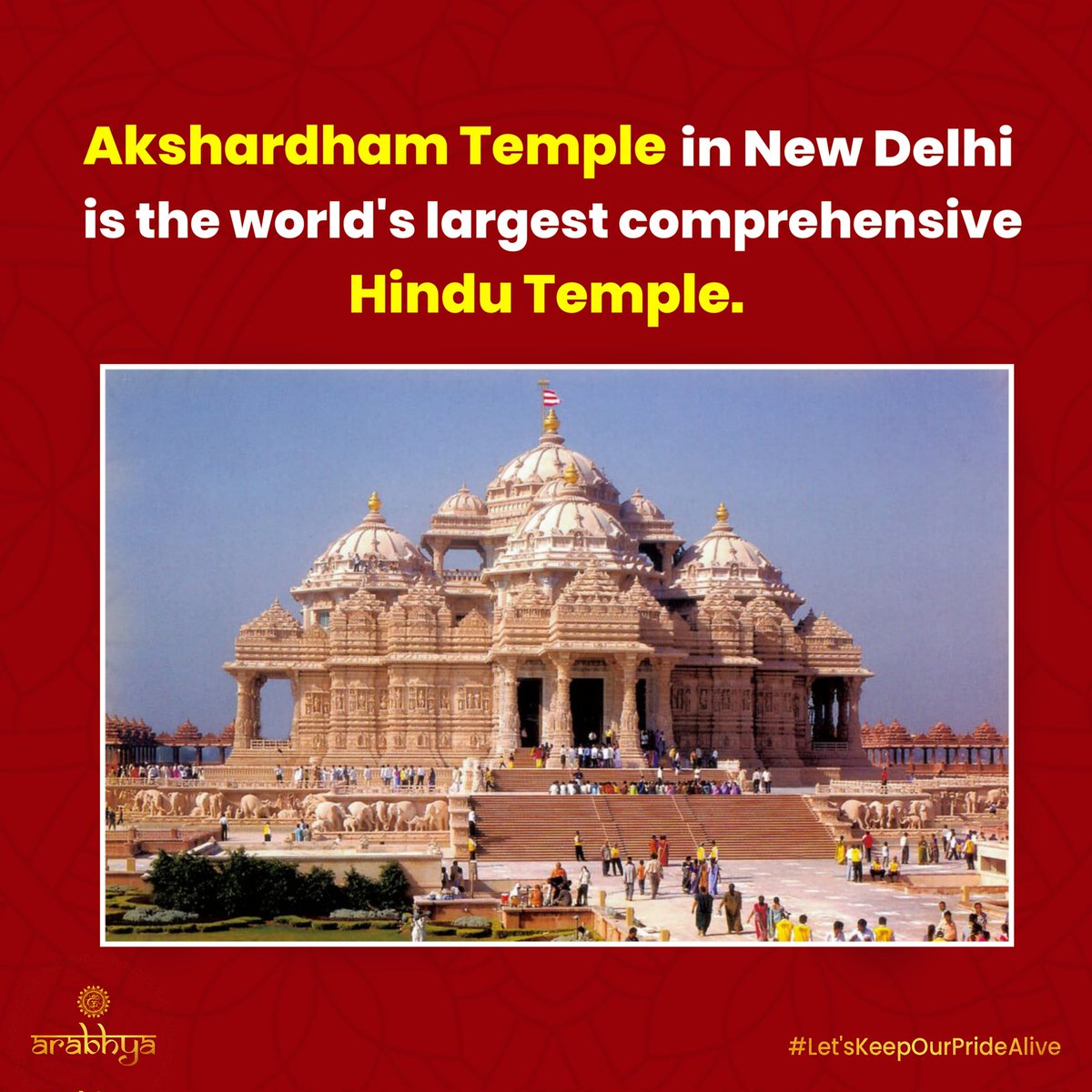 arabhya_org's tweet photo. #AkshardhamTemple is situated on the banks of #RiverYamuna and reflects #Hinduism and ancient culture. The most special thing about this temple is that this temple has made its place in the Guinness Book of World Records as the world’s largest comprehensive #HinduTemple. https://t.co/Y2qegvfX2B