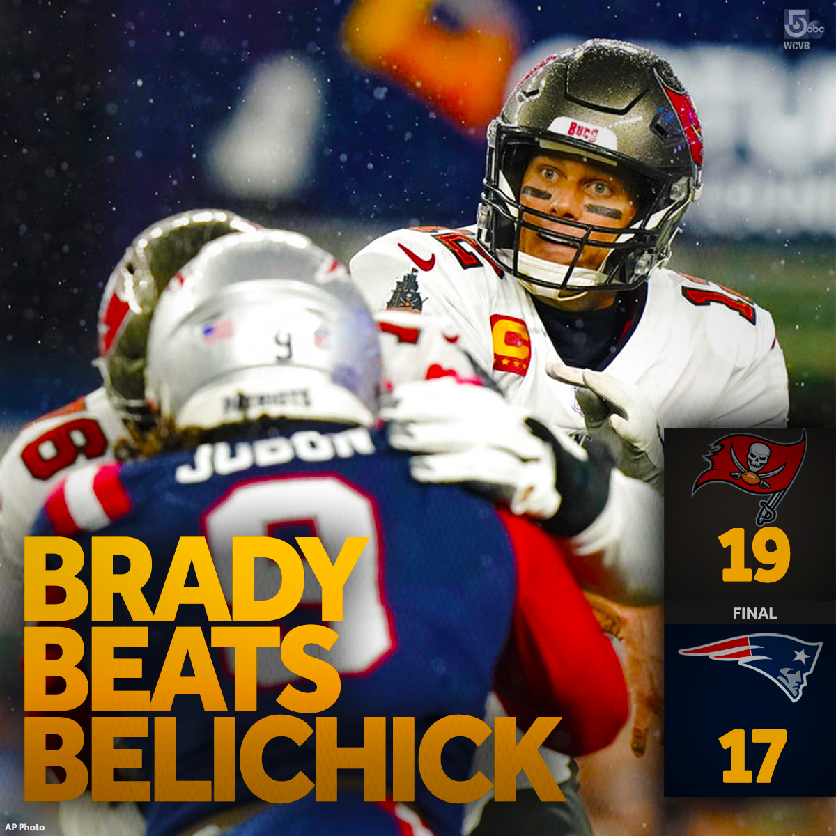 WCVB's tweet photo. Tom Brady beats his old team, but Mac Jones and the #Patriots gave him a fight that virtually no one expected. Be proud of the effort #PatsNation! #OnToHouston https://t.co/xuBr3kYy62