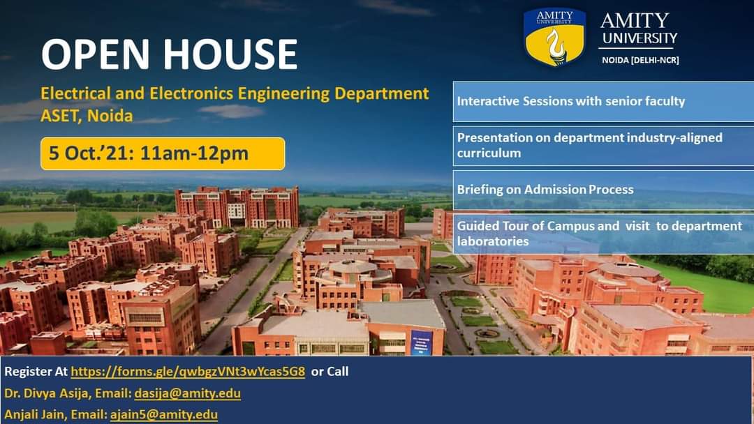 Amity_EEE's tweet photo. Join  us with your parents for an Open house at Amity University Uttar Pradesh, Sector-125 Noida in physical mode.   
The details of the event are:  
 Date: October 5th, 2021 
Time: 11 AM – 1 PM  

Venue: Room No - G12, Ground Floor, Block – E1  Sec- 125, Amity University, Noida https://t.co/JkCALLjF5a