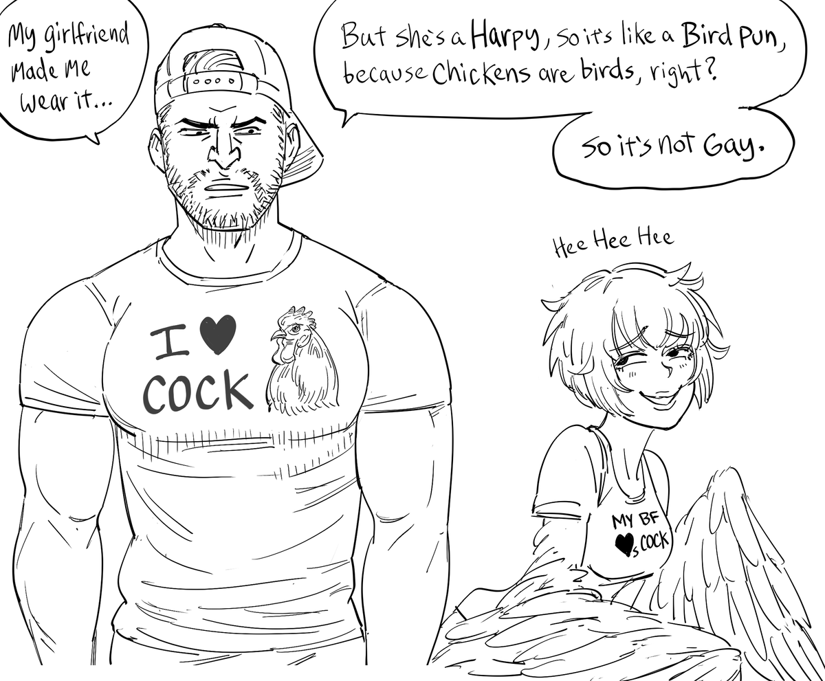 Patreon request for guy being mad about having to wear the "I love cock" shirt.

Actually, a man humiliating himself to please a girl (on the off chance that he will be rewarded with sex) is extremely heteronormative and not gay at all. 