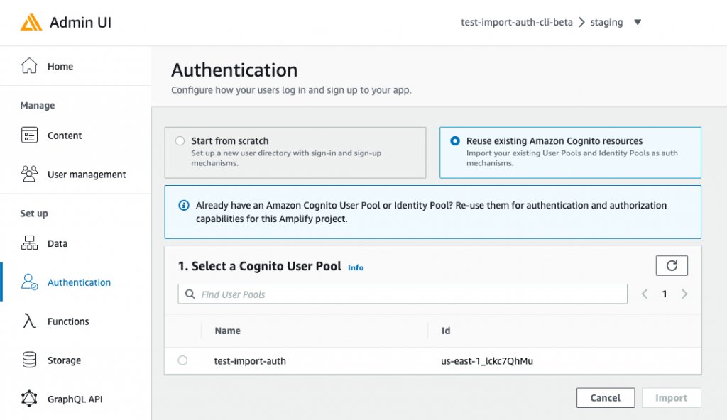 Amplify Admin UI now supports importing existing Amazon Cognito User Pools &amp; Identity Pools: Authorize user access in the Admin UI's data model, manage users &amp; groups &amp; use the imported auth resource across <a href="/awsamplify/">AWS Amplify</a> environments. go.aws/3uAijjk