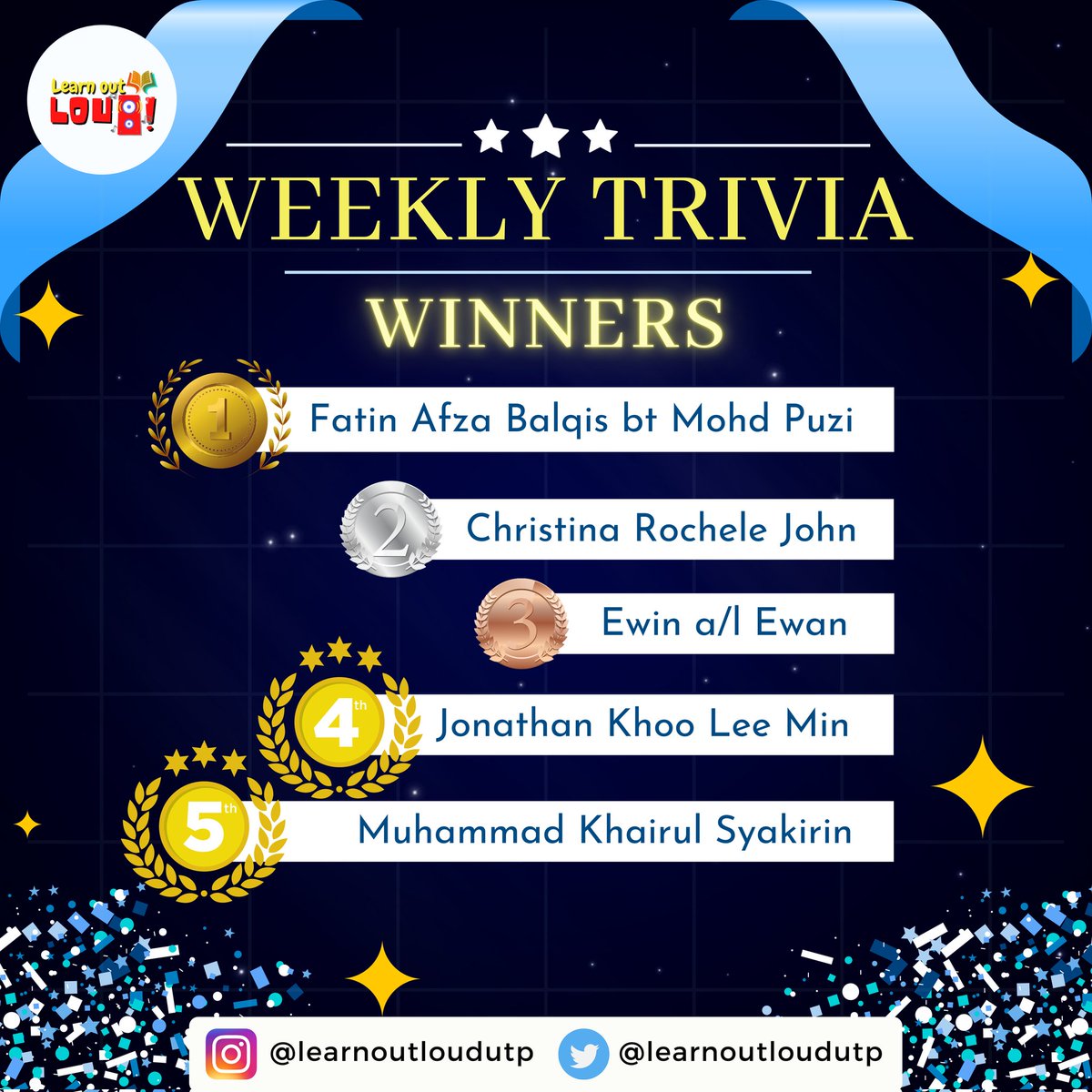 learnoutloudutp's tweet photo. 🏆 [WEEKLY TRIVIA WINNERS] 🎉

Congratulations to all winners! 👏🏻

📢 We would like to express our gratitude to all participants! Your participation is highly appreciated and we thank you for your support 💪🏻

#SpreadConfidence
#SpeakYourMind
#LearnOutLoudUTP
#LOL_UTP2021
#UTPMPU4 https://t.co/qae60BWWgL