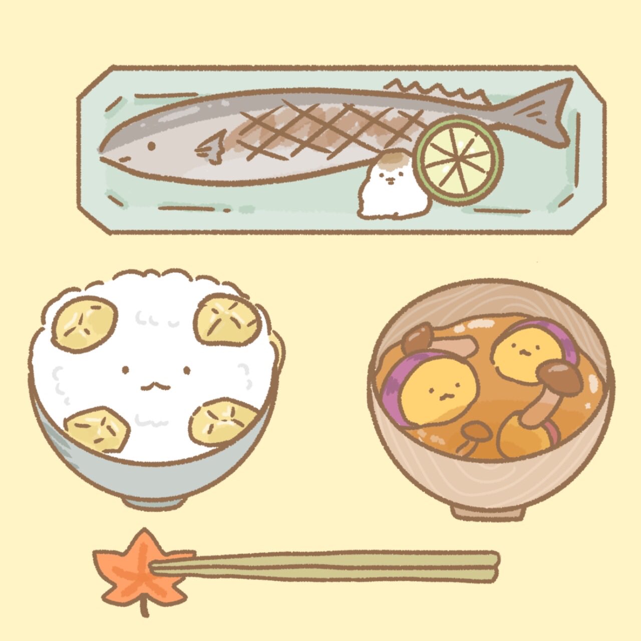 ぐりり 秋を感じるごはん イラスト ゆるイラスト 食べ物イラスト イラスト好きさんと繋がりたい お絵描き ごはんイラスト 栗ご飯 さんまの塩焼き さつまいも 秋ごはん 秋いらすと Illustration T Co Wcgguzgfls Twitter