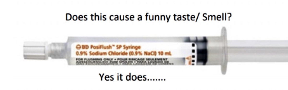 CoomaDoc's tweet photo. A patient asked me not to flush a PIVC with these, they hated the taste it caused. I was a bit dismissive, but then had the misfortune to need IV antibiotics. And I noticed that yes, a few seconds after they are used there is a volatile smell……. https://t.co/LtxVm7EVHk