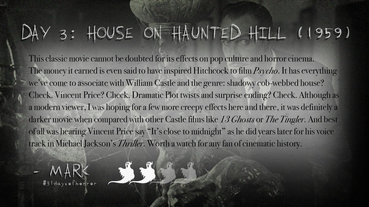 GoodBadPodcast's tweet photo. Day 3: House on Haunted Hill (1959) #31DaysofHorror #PartIX #MalevolentSpirits #Halloween #October #ItsJustAwesome https://t.co/V0XRspKv4O