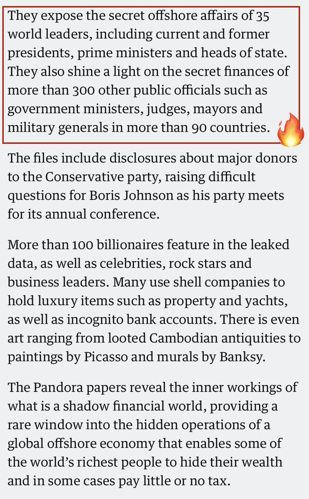 PANDORA PAPERS: “Biggest ever leak of offshore data exposes financial secrets of rich and powerful” 

11.9M FILES: off shore tax havens & properties of Government Officials, Judges, Mayors, & Military Generals

theguardian.com/news/2021/oct/…